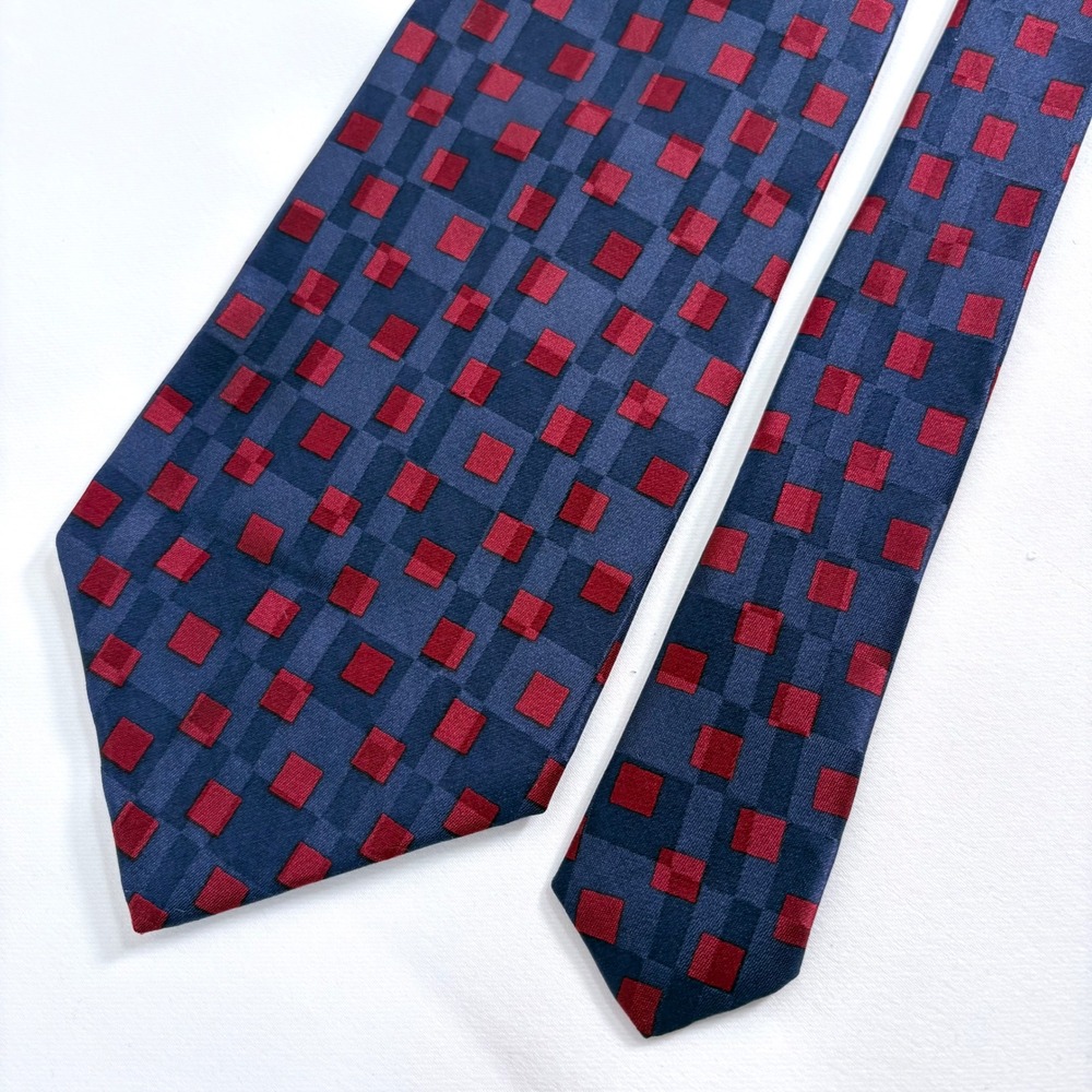 Polo Ralph Lauren Necktie Navy Blue Red Geometric Square Silk Vintage Made USA